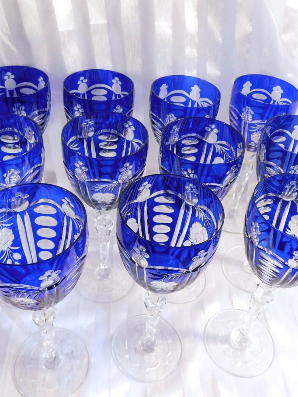Set of Eleven Matching Blue Cut to Clear Stemware Glasses  # 26749